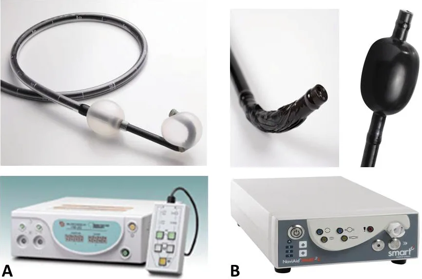 Figure 3. Endoscopes avec un système de ballon. A : Coloscope double ballon, et B : le système NaviAid® G-EYE®