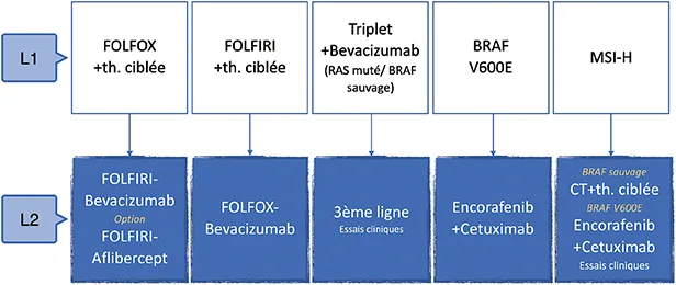 Figure 9 : Options thérapeutiques de 2e ligne en fonction de la 1re ligne et du profil moléculaire (CT : chimiothérapie) (d’après TNCD mis à jour le 01/09/2023 et Cervantes A, Ann Oncol 2022)