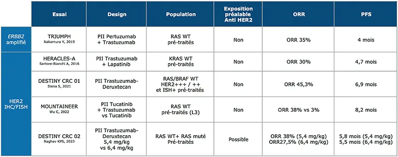 Tableau 3 : Principaux essais évaluant le ciblage anti-HER2 dans le CCRM